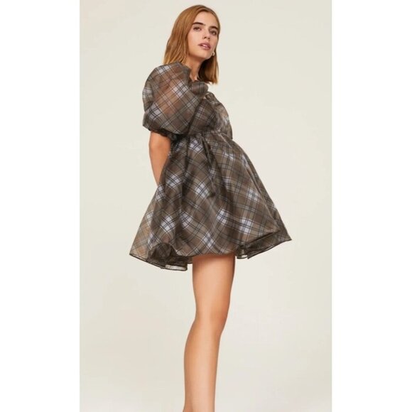Selkie The Plaid Puff Dress Brown Black Organza Babydoll Mini Size Medium - Picture 2 of 11
